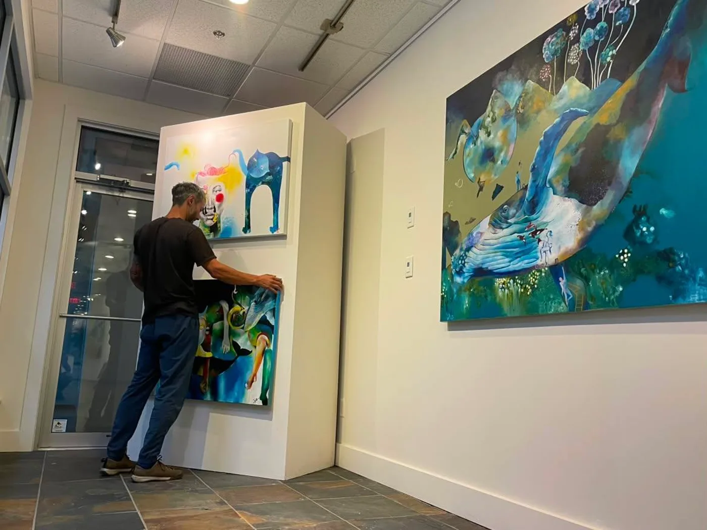 Hanging the paintings before the show