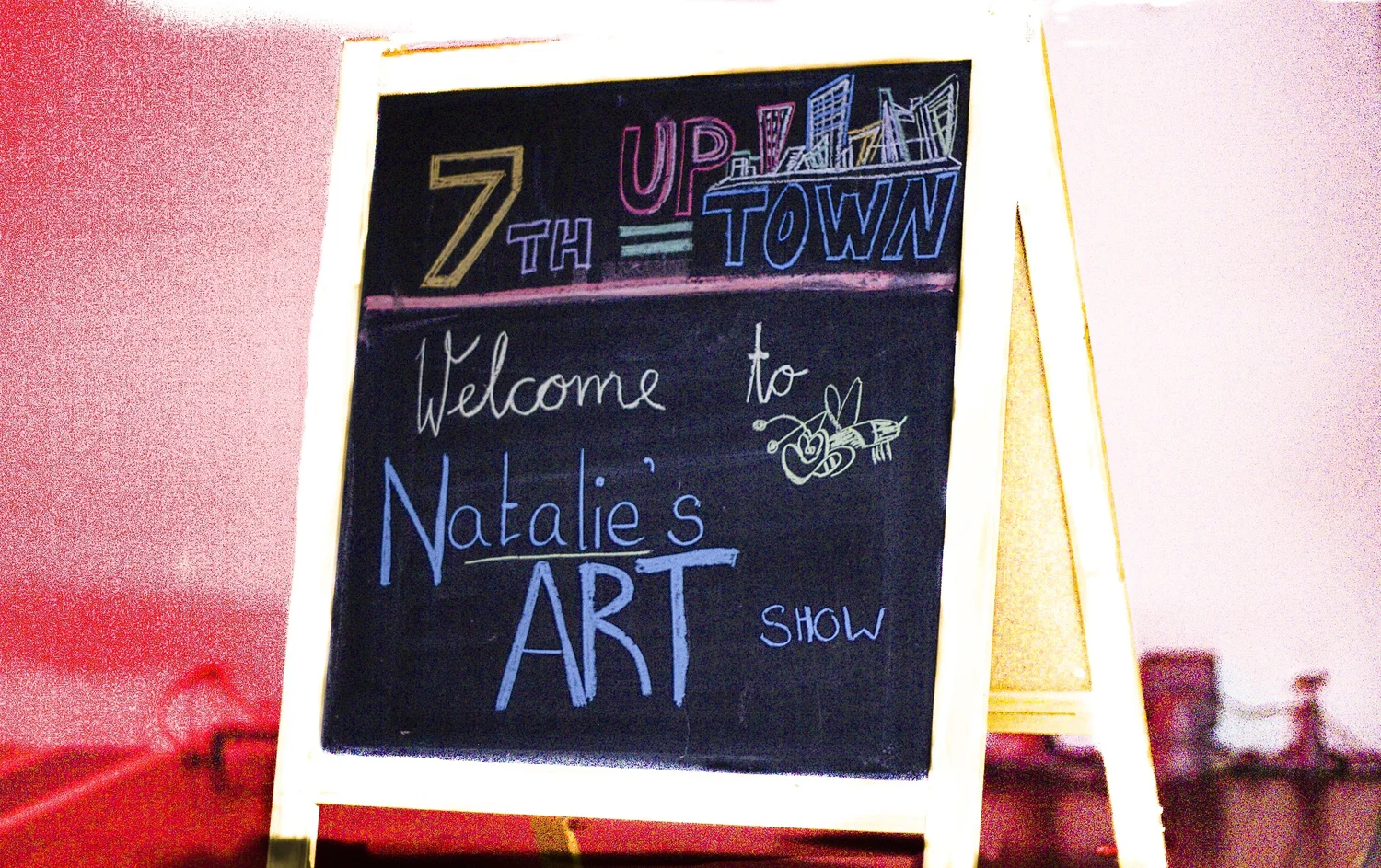 chalkboard welcome sign reading Welcome to Natalie's ART show