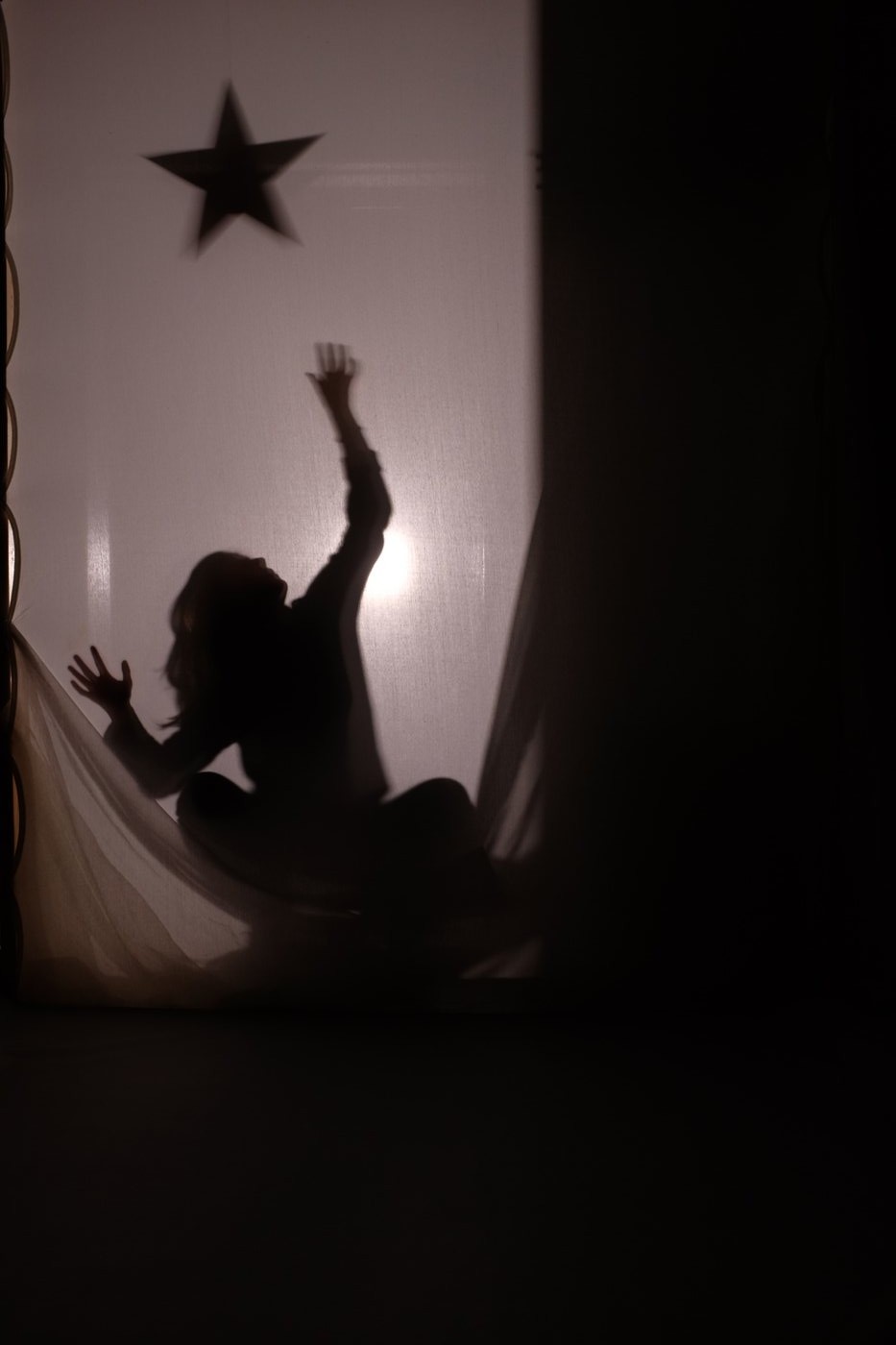shadow and light show, silhouette reaching for a star projected on the gallery window